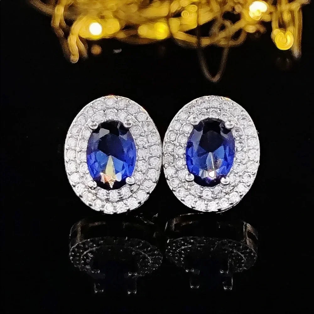 New Oval 925 Silver Party Wedding Sapphire Stud Earrings - Picture 3 of 5